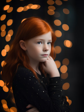 Portrait of a red-haired girl on a dark background.の素材