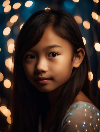 portrait of little asian girl on christmas lights bokeh backgroundの素材