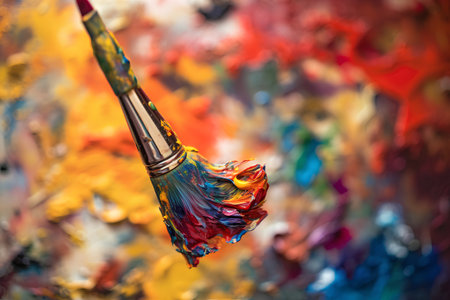 Paint brushes and colorful oil paints on palette close-up macroの素材