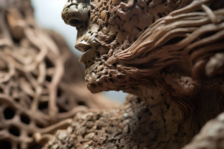 Close up of a sculpture made of wood in the shape of a human headの素材