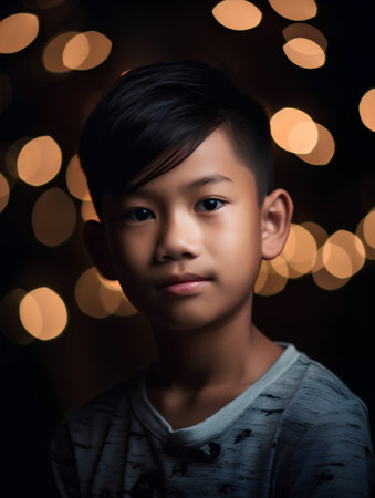 Portrait of a cute little asian boy in front of defocused lightsの素材