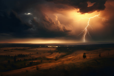 Thunderstorm over the village in the Carpathians, Ukraine.の素材