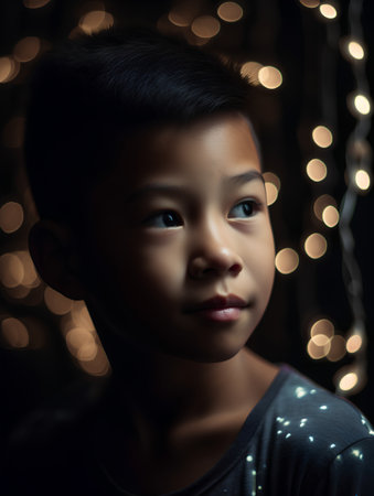 Portrait of a little boy in a dark room with a garlandの素材