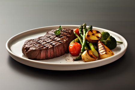 Grilled beef steak with asparagus and potatoes on a white plateの素材