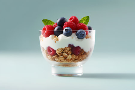 Healthy breakfast with muesli, yogurt and berries in glass on blue backgroundの素材