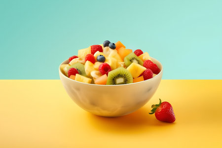 Fruit salad in a bowl on a yellow and blue background.の素材