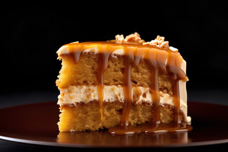 Caramel cake on a black background. Shallow dof.の素材