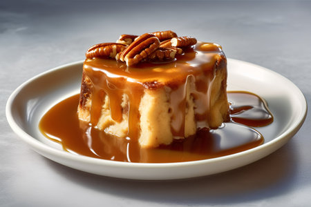 Caramel pudding with pecans and caramel sauce on a white plateの素材