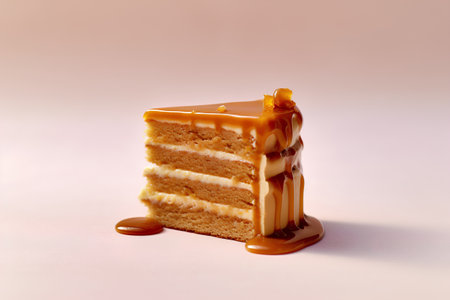 Piece of cake with caramel sauce on pink background, closeupの素材