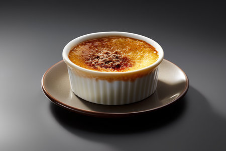 Creme brulee, French vanilla custard cream dessert on dark backgroundの素材