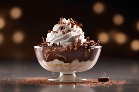 Chocolate ice cream with whipped cream in glass bowl on dark backgroundの素材