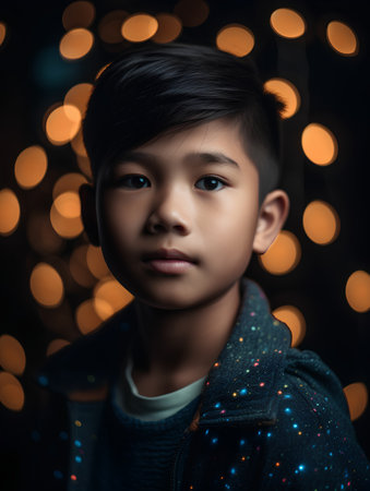 Portrait of a little boy on a background of Christmas lights.の素材