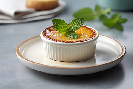 Creme brulee with mint and caramel sauce on a gray backgroundの素材
