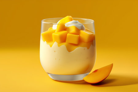 Mango yogurt in a glass on a yellow background. 3d illustrationの素材