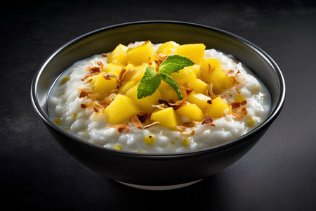 Rice pudding with mango in a bowl on a black background.の素材