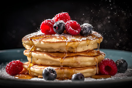 Pancakes with raspberries and blueberries on dark backgroundの素材