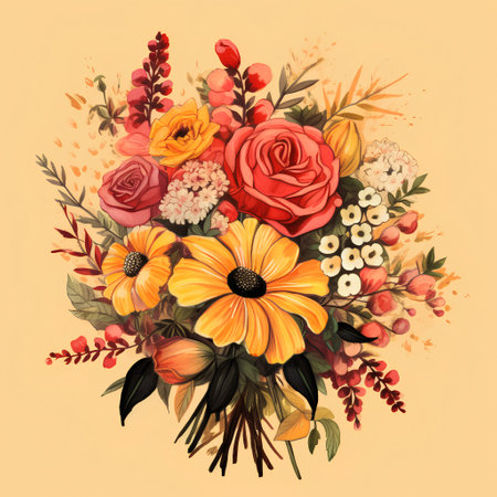 Beautiful bouquet of autumn flowers. Hand drawn vector illustration.の素材