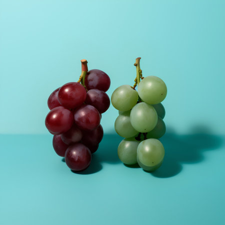 Red and green grapes on blue background. Minimal food concept.の素材