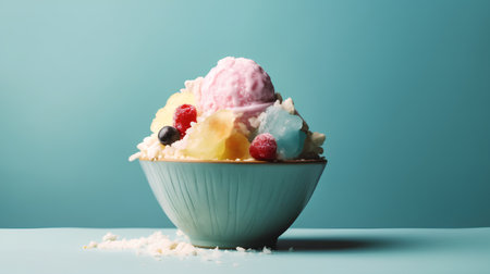 Fruit ice cream in a blue bowl on a blue background.の素材