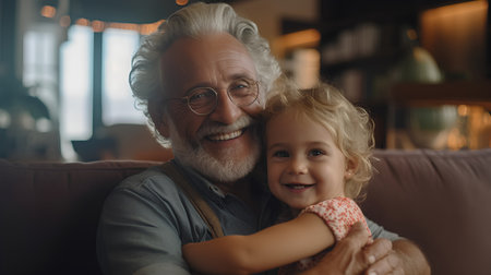 Portrait of a happy grandfather and his little granddaughter at home.の素材