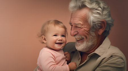 Portrait of a happy grandfather with his little granddaughter on a brown backgroundの素材