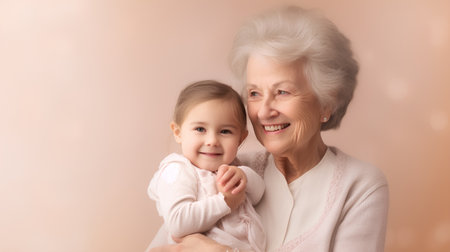 Portrait of a cute little girl with grandmother on a pink backgroundの素材