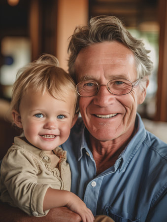 Portrait of a smiling grandfather with his grandson at home. Grandfather and grandson together.の素材