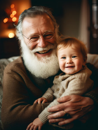 Portrait of a happy grandfather with his grandson at home. Christmas and New Year concept.の素材