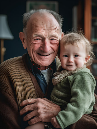 Grandfather with his grandchild at home. Portrait of a grandfather with his granddaughter.の素材