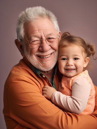 Portrait of a smiling grandfather with his granddaughter on a pink backgroundの素材