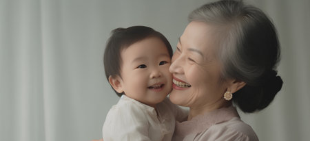 Asian little girl and her grandmother having fun together at home. Happy family concept.の素材