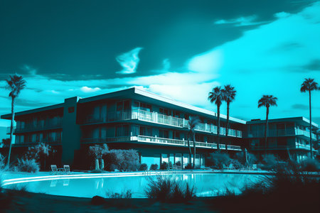 Modern apartment building with swimming pool and palm trees at sunset. Toned.の素材