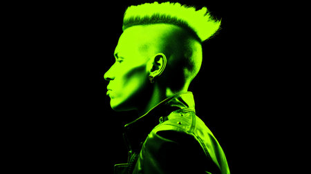 Portrait of a young man with green hair on a black backgroundの素材