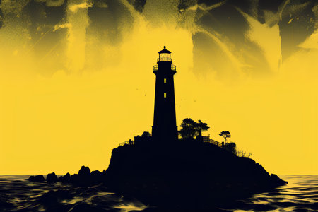 Lighthouse on a rock in the sea at sunset, vector illustrationの素材