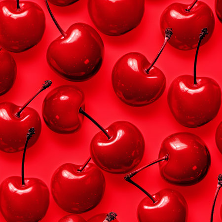 Seamless pattern with red cherries on a red background.の素材