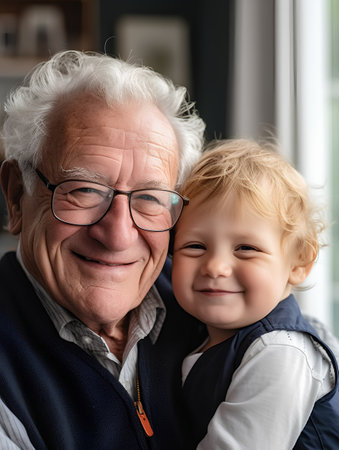 Portrait of a happy grandfather with his grandson at home. Grandfather and grandson together.の素材
