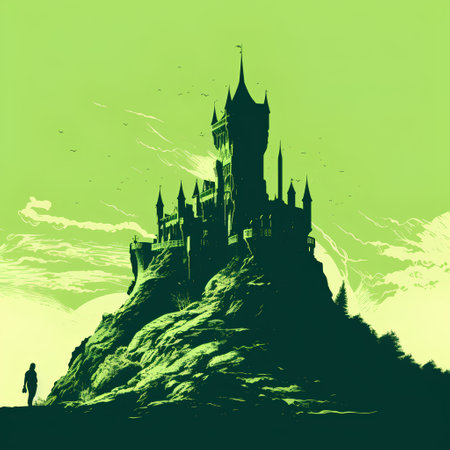 Fairy tale castle on the hill. Vector illustration in green colorの素材