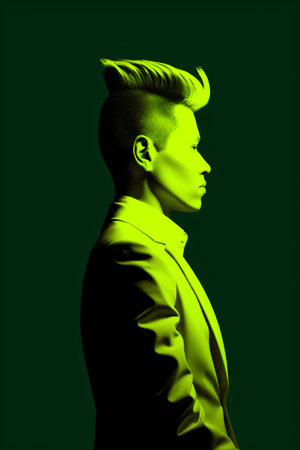 Fashion portrait of a young man in a jacket on a green background.の素材