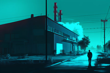 Industrial landscape with a silhouette of a man in front of a factory buildingの素材