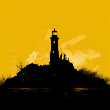 Lighthouse on the island in the sea. Black silhouette on a yellow background.の素材