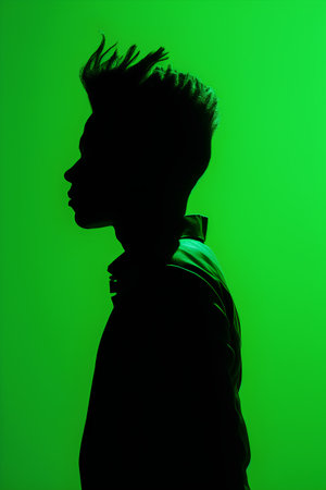 Silhouette of a young man on a green chromakey backgroundの素材