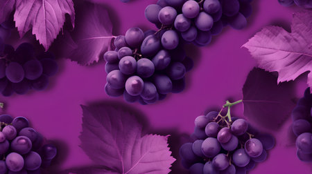 Seamless pattern with purple grapes and leaves on purple background.の素材