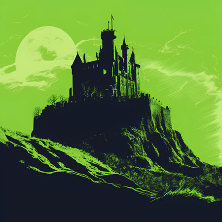 Castle on the hill at full moon background. Vector illustration.の素材