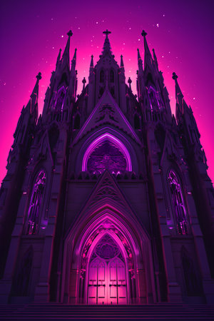 Beautiful Gothic church in purple neon light. Vector Illustration.の素材