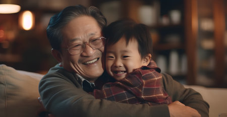 Portrait of a happy asian grandfather with his grandson at homeの素材