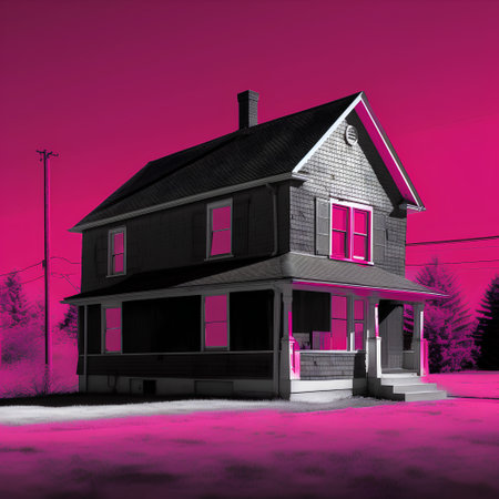 3D render of a modern house on the prairie with a pink backgroundの素材