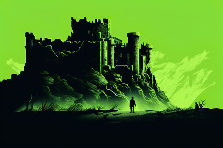 Castle silhouette on green background. Fantasy landscape. Vector illustration.の素材