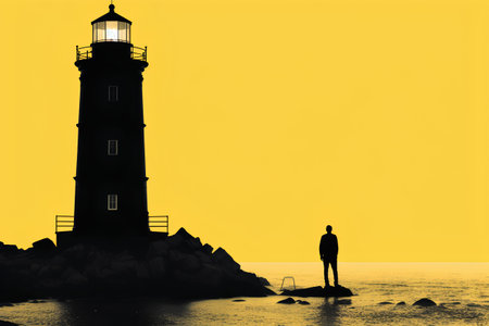 Silhouette of a man standing on a rock in front of a lighthouse.の素材
