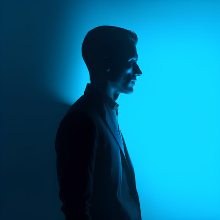 Silhouette of a man in a black jacket on a blue backgroundの素材