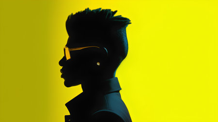 Silhouette of a man in sunglasses on a yellow background.の素材